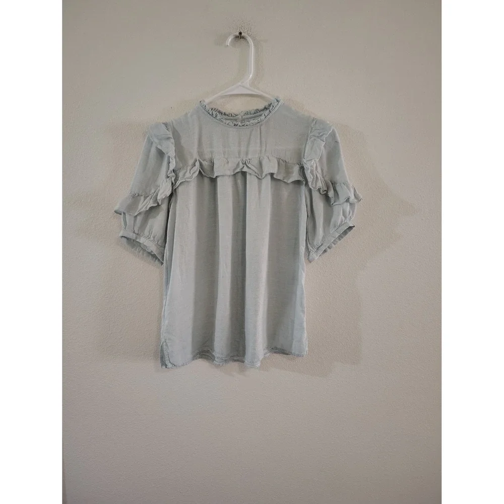 LOFT Womens Light Blue Ruffle Trim Short‎ Sleeve Blouse Top XSP Petite